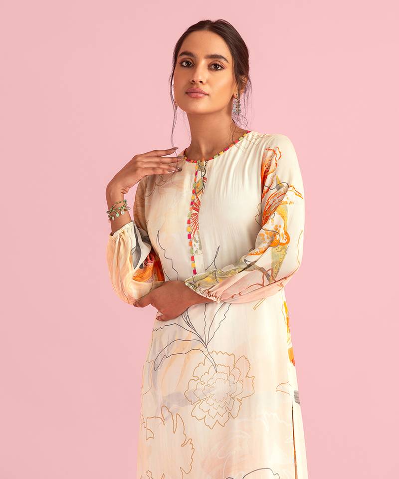 Floral Fantasy Cream Natural Crepe Printed Kurta Set