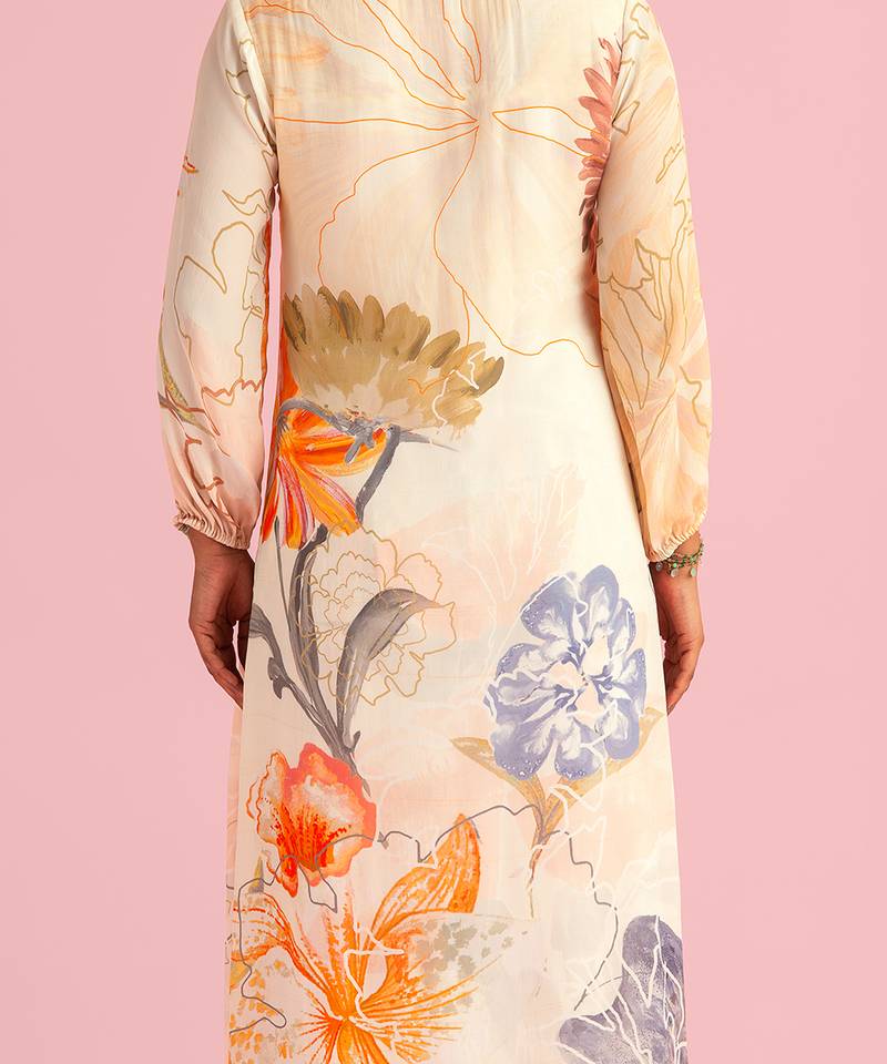 Floral Fantasy Cream Natural Crepe Printed Kurta Set