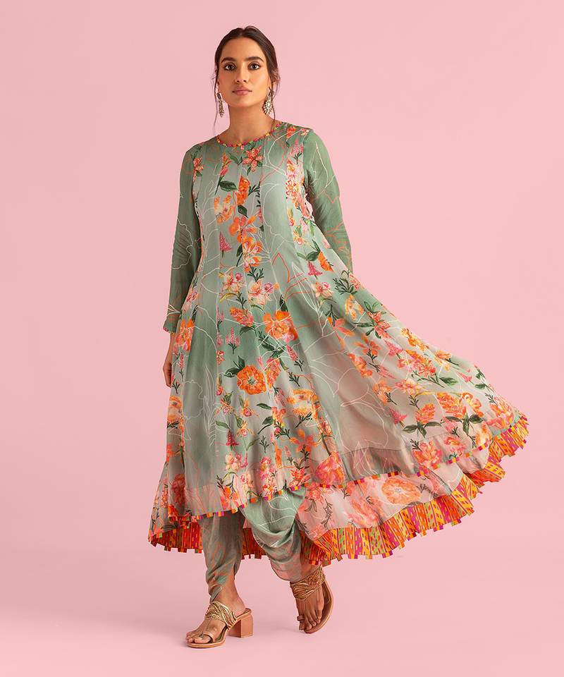 Floral Fantasy Green Natural Crepe Printed Anarkali Set
