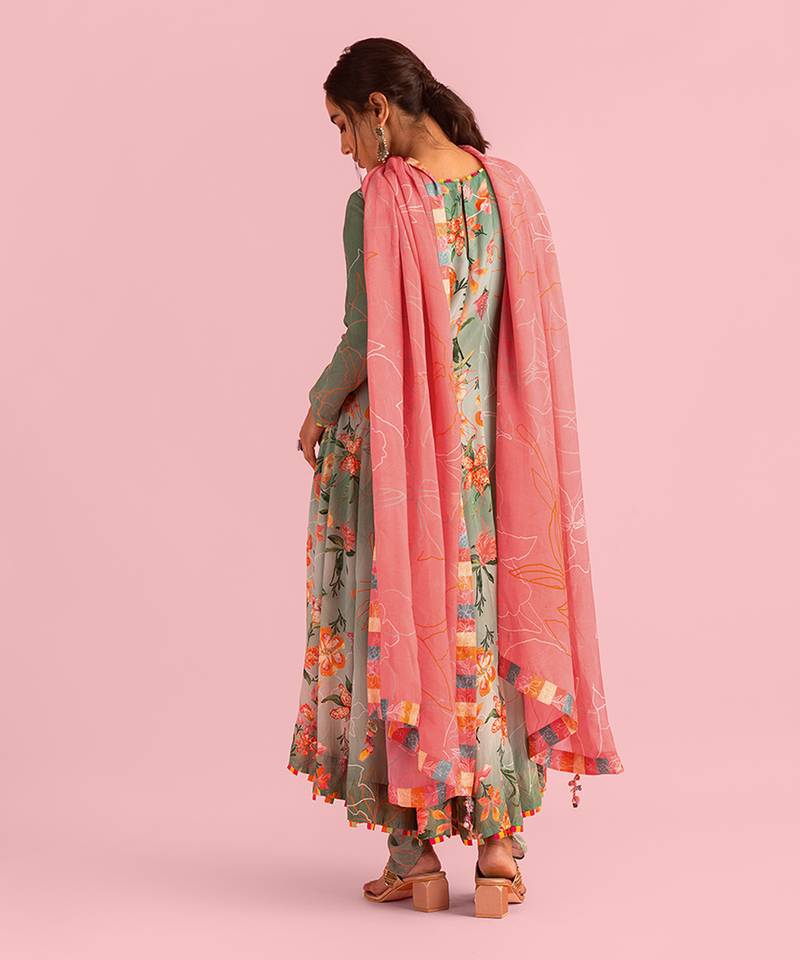 Floral Fantasy Green Natural Crepe Printed Anarkali Set