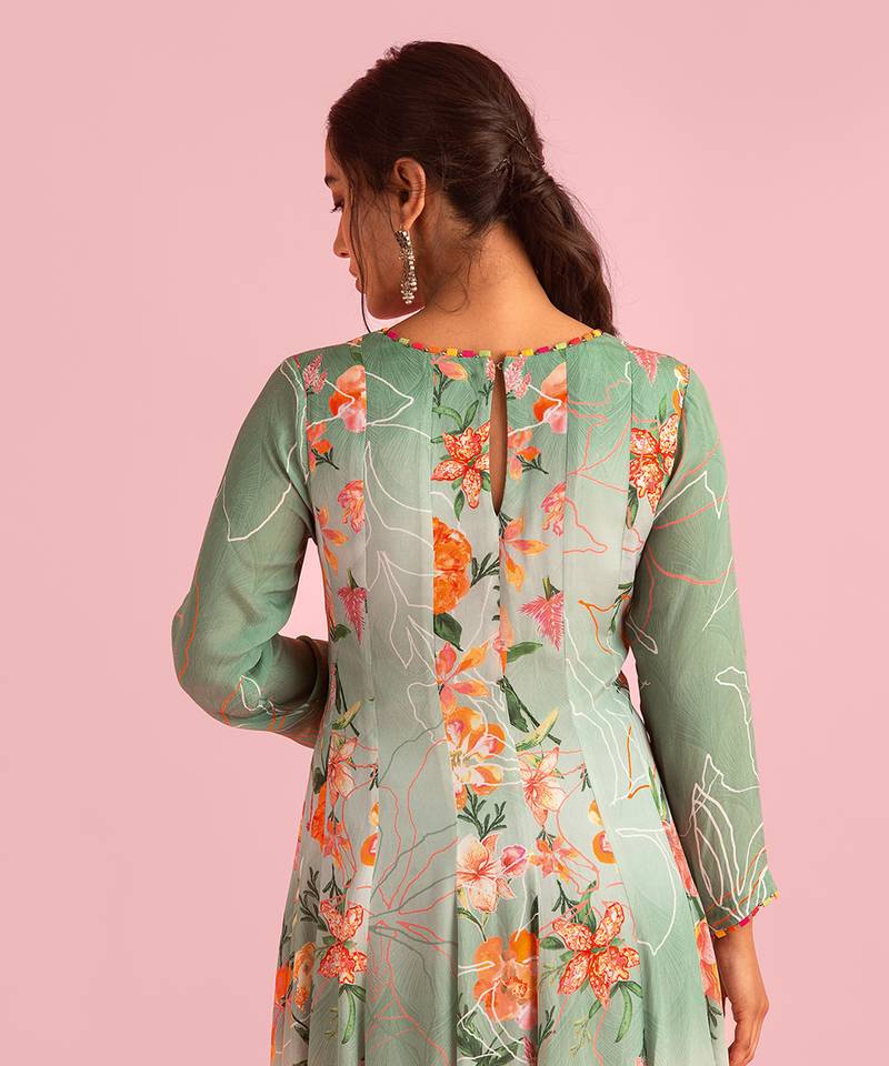 Floral Fantasy Green Natural Crepe Printed Anarkali Set