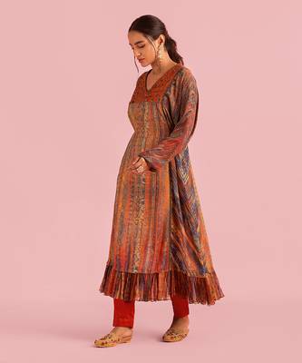 Fire Boho Rust Orange Kurta Set In Muslin Silk 1