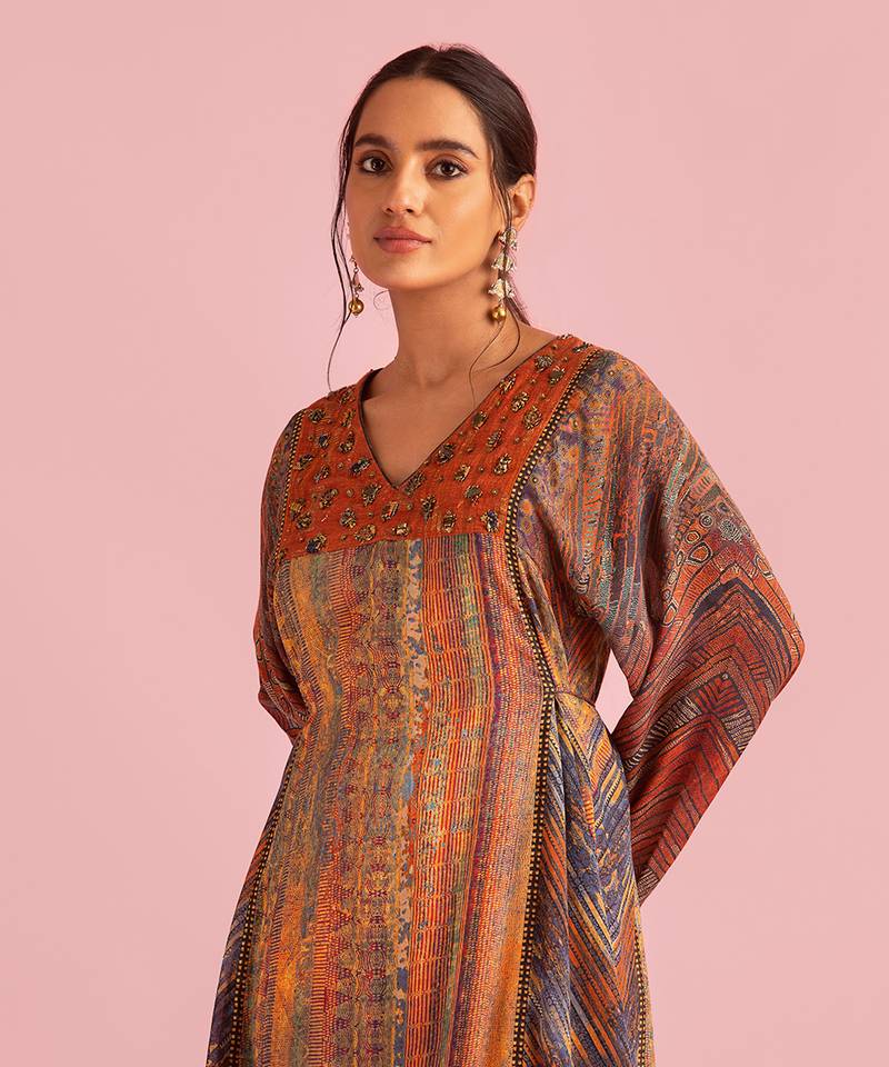 Fire Boho Rust Orange Kurta Set In Muslin Silk