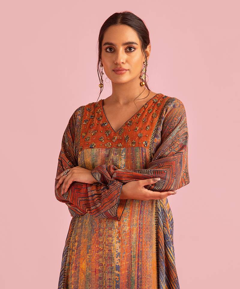 Fire Boho Rust Orange Kurta Set In Muslin Silk