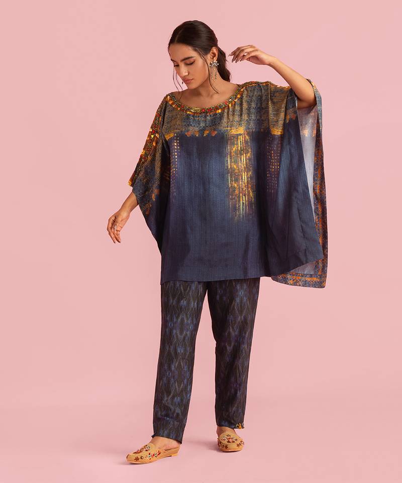 Fire Boho Indigo Kaftan In Muslin Silk