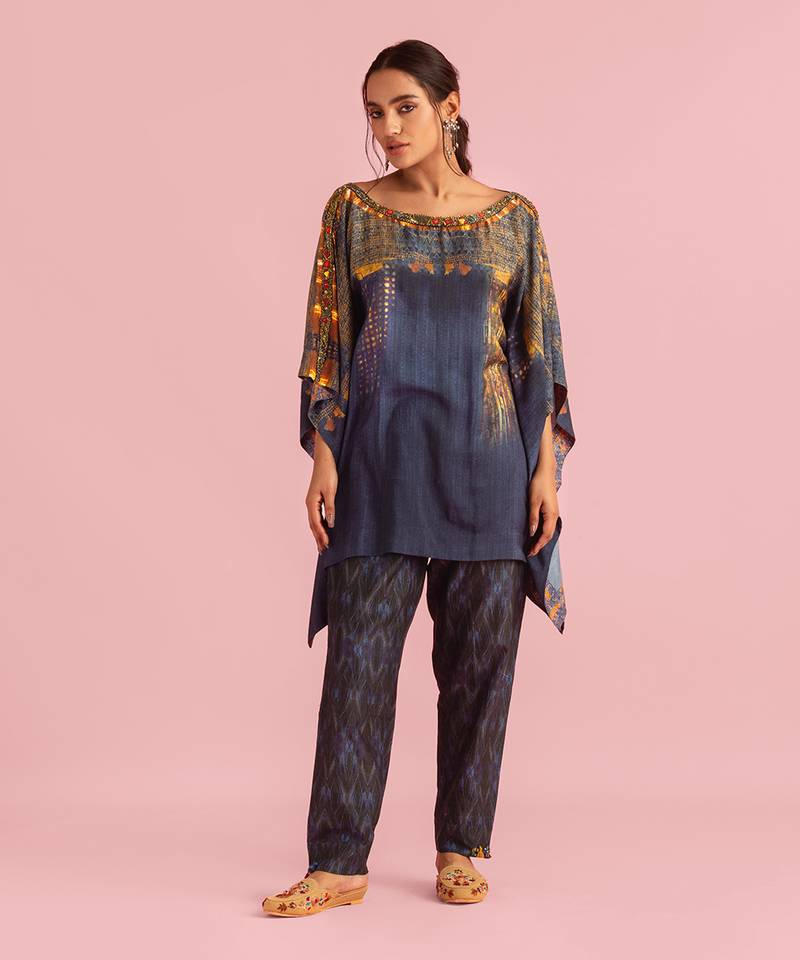 Fire Boho Indigo Kaftan In Muslin Silk