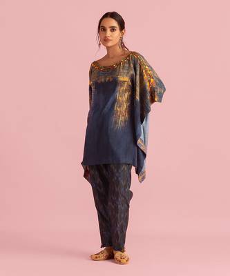 Fire Boho Indigo Kaftan In Muslin Silk 1