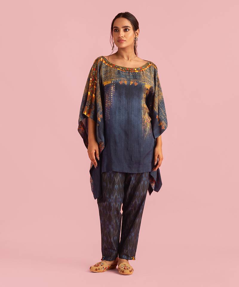 Fire Boho Indigo Kaftan In Muslin Silk