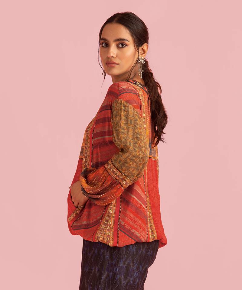 Fire Boho Red Top In Muslin Silk