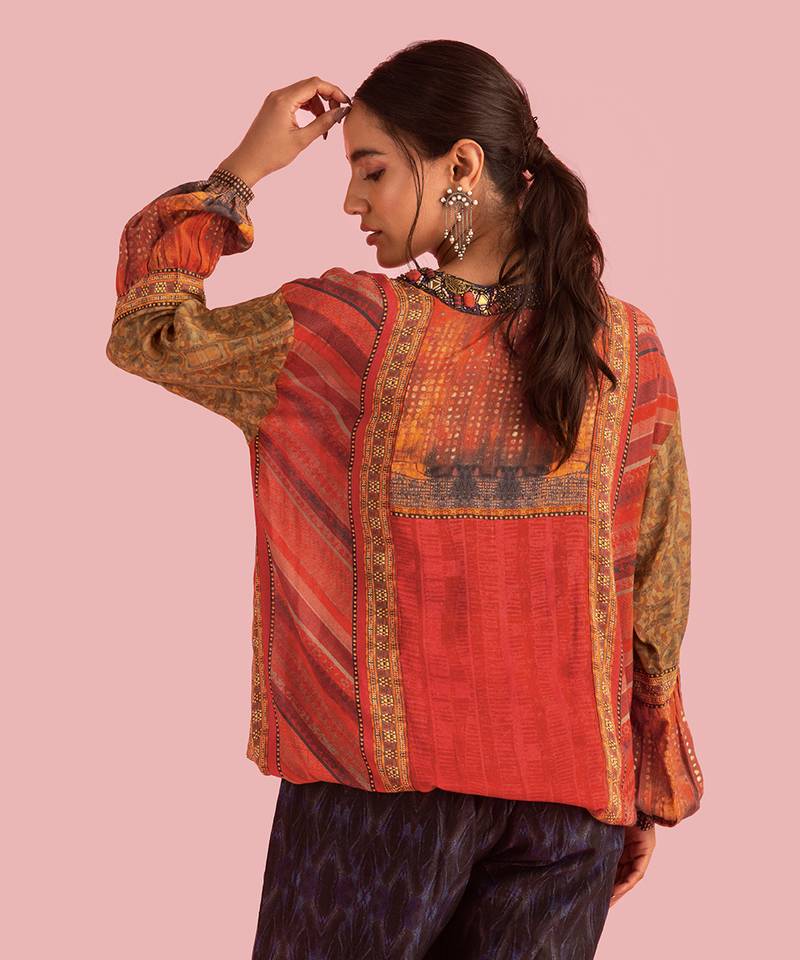 Fire Boho Red Top In Muslin Silk