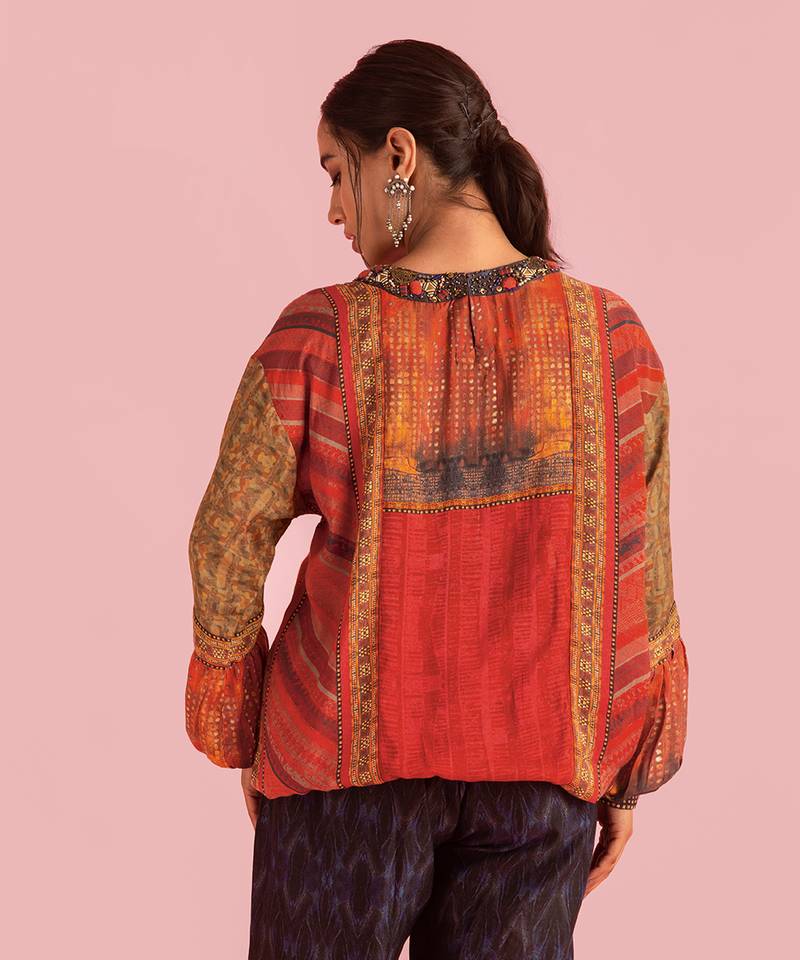 Fire Boho Red Top In Muslin Silk