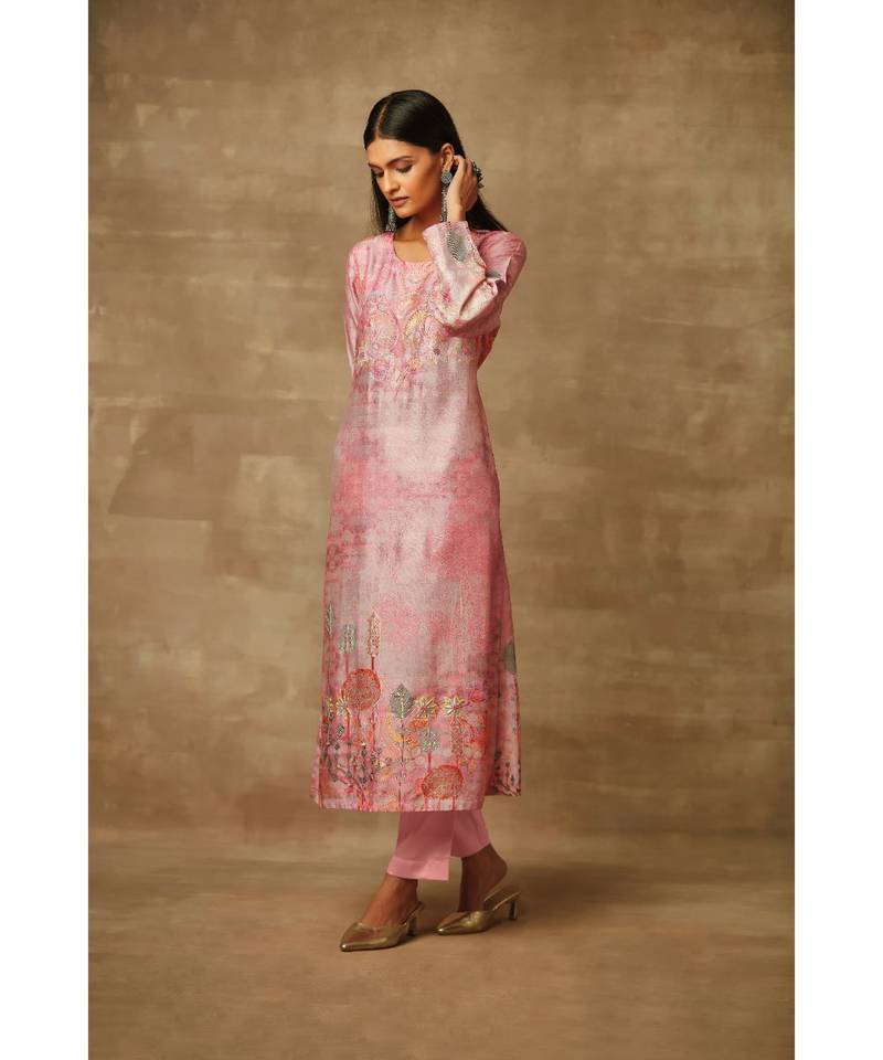 Rivaage Onion Pink Raw Silk Unstitched Printed Suit