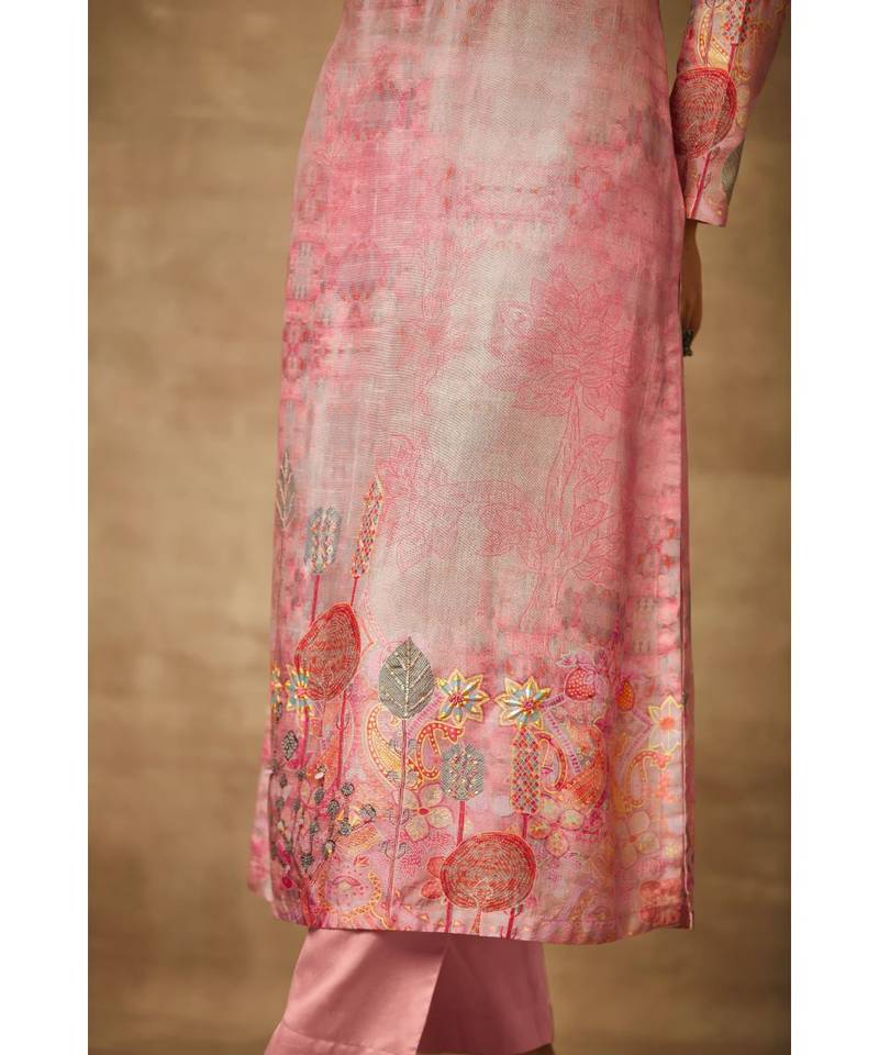 Rivaage Onion Pink Raw Silk Unstitched Printed Suit