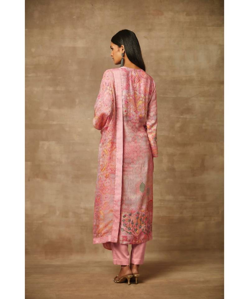 Rivaage Onion Pink Raw Silk Unstitched Printed Suit