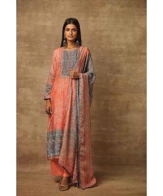 Rivaage Apricot Peach Cotton Silk Unstitched Printed Suit 1