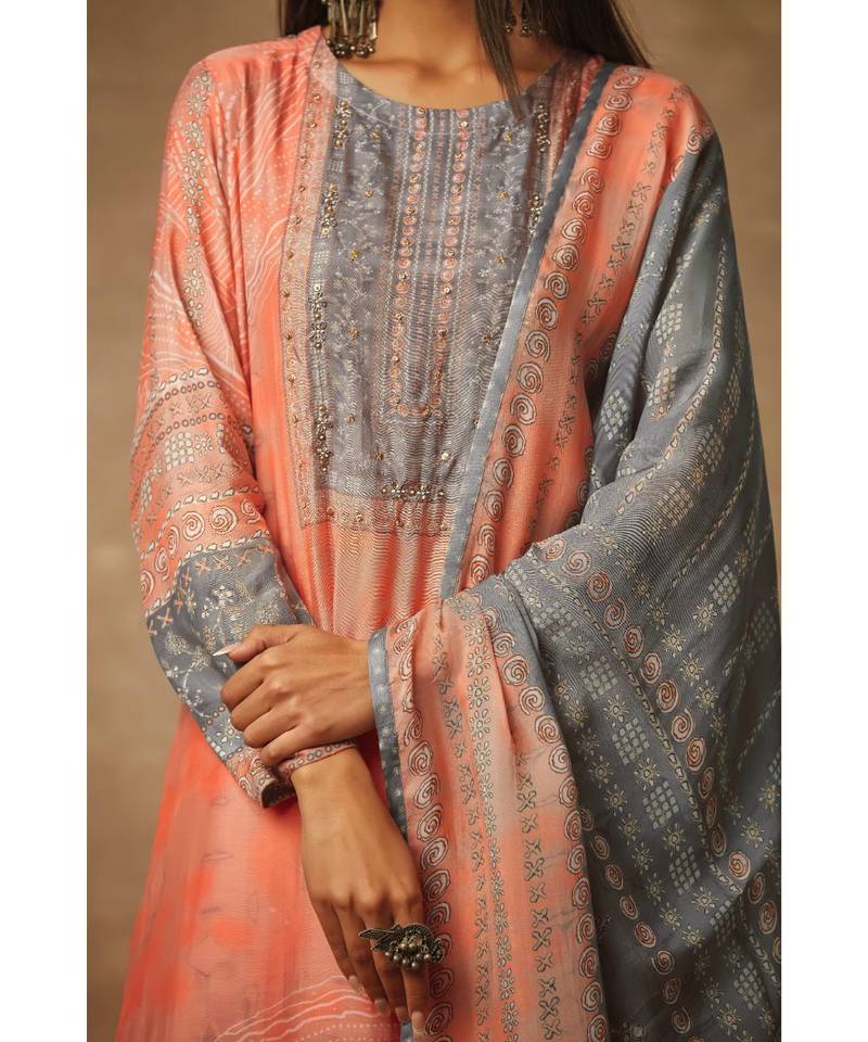 Rivaage Apricot Peach Cotton Silk Unstitched Printed Suit