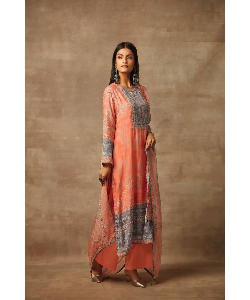 Rivaage Apricot Peach Cotton Silk Unstitched Printed Suit