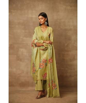 Rivaage Olive Cotton Linen Unstitched Printed Suit 1