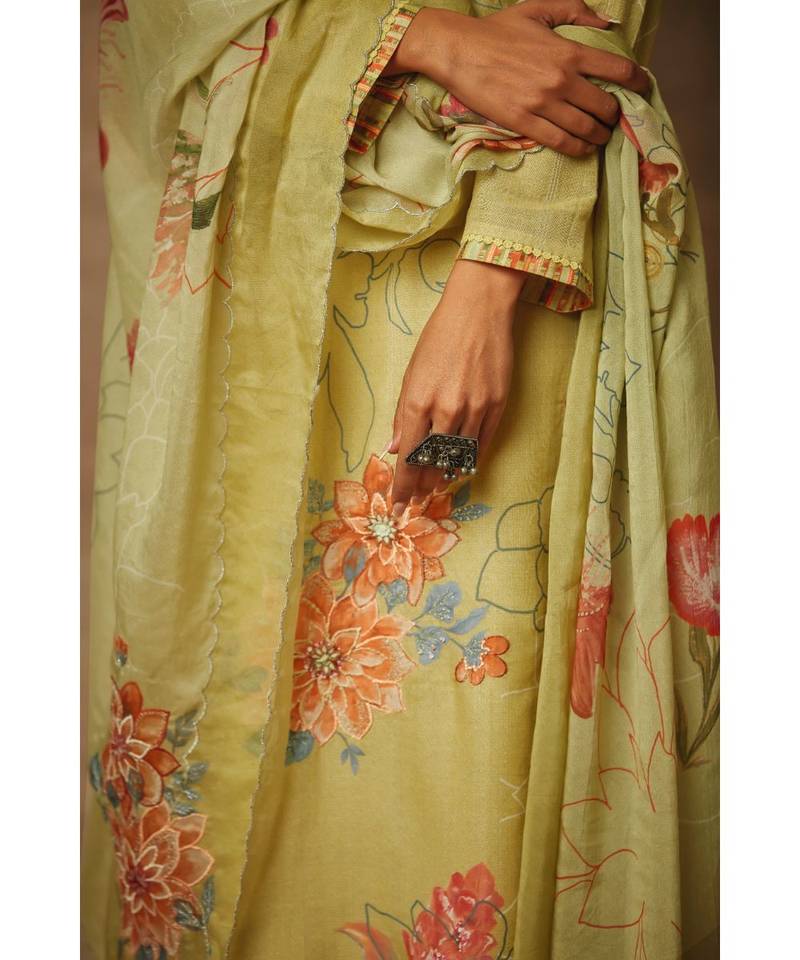 Rivaage Olive Cotton Linen Unstitched Printed Suit