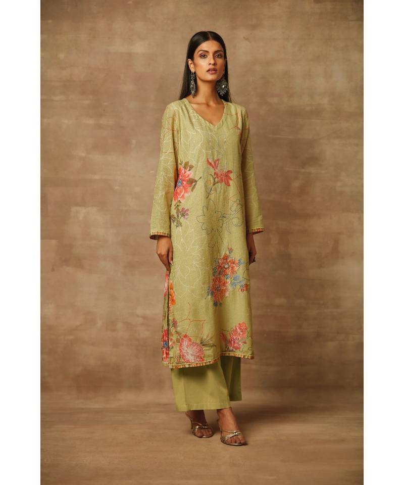 Rivaage Olive Cotton Linen Unstitched Printed Suit