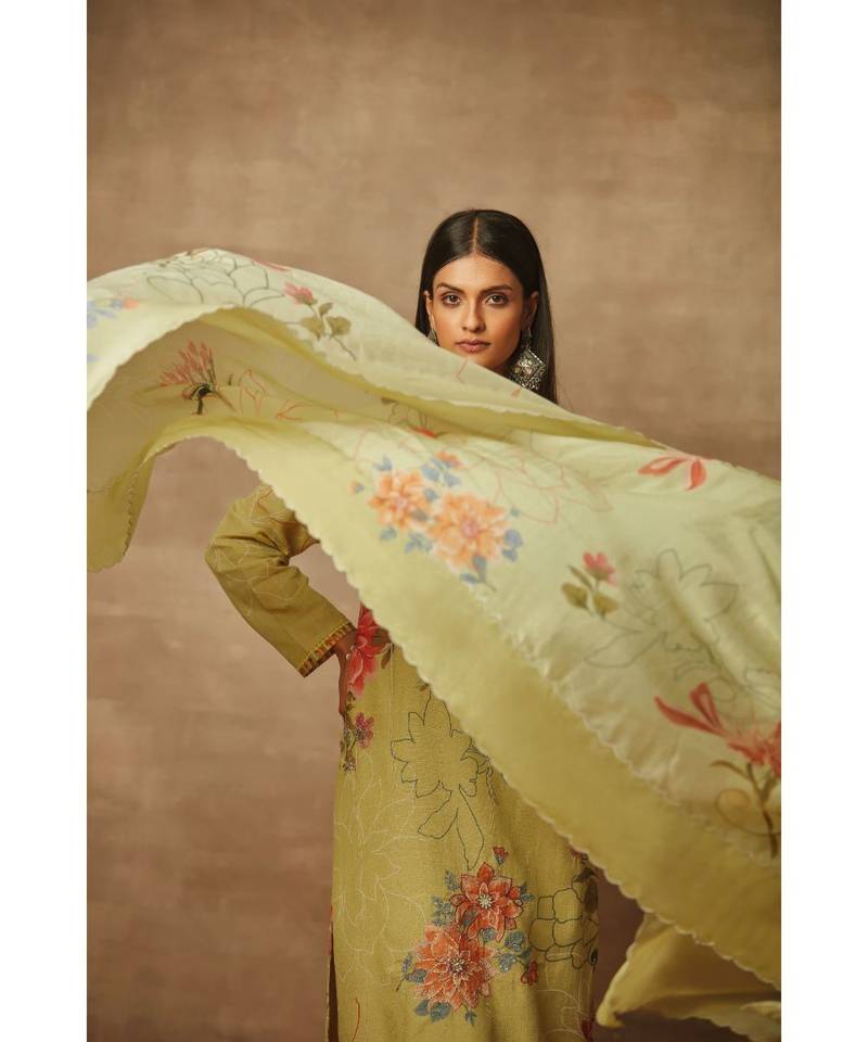 Rivaage Olive Cotton Linen Unstitched Printed Suit