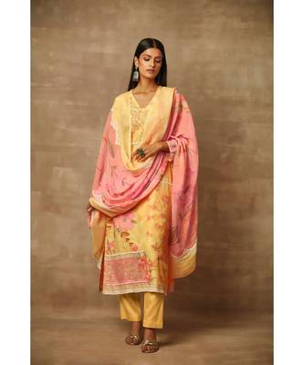 Rivaage Lemon Yellow Cotton Linen Unstitched Printed Suit 1