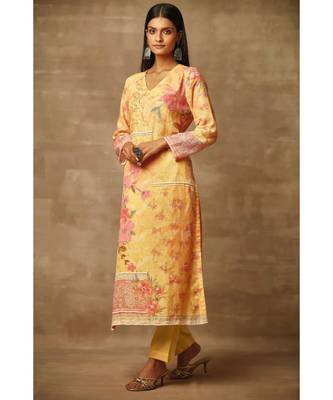 Rivaage Lemon Yellow Cotton Linen Unstitched Printed Suit 3
