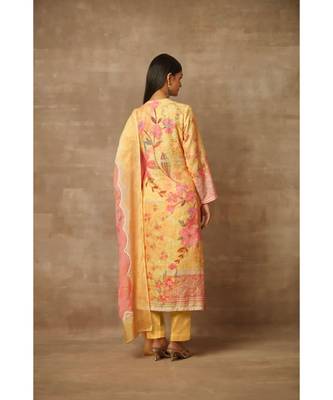 Rivaage Lemon Yellow Cotton Linen Unstitched Printed Suit 4