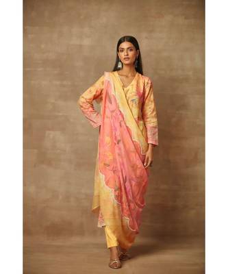 Rivaage Lemon Yellow Cotton Linen Unstitched Printed Suit 5