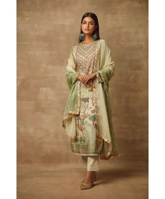 Rivaage Pista Green Cotton Silk Unstitched Printed Suit 1