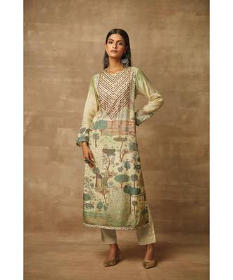 Rivaage Pista Green Cotton Silk Unstitched Printed Suit 2