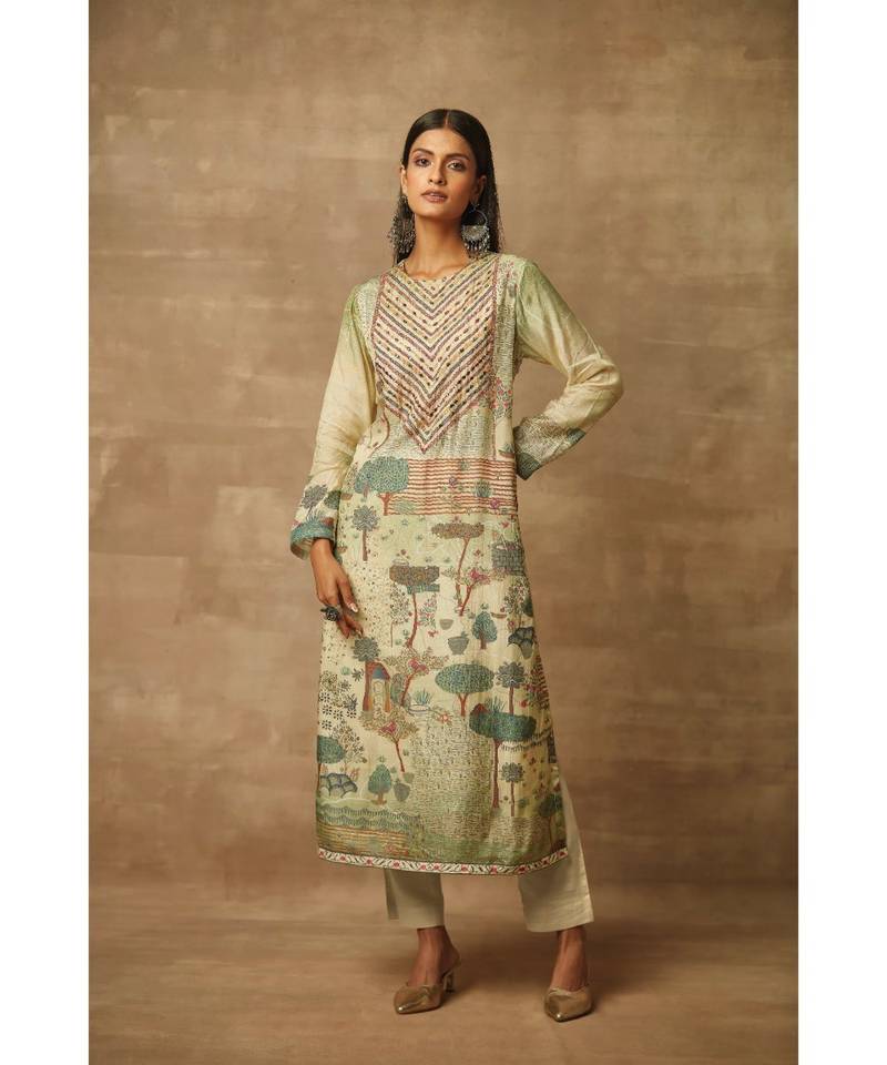 Rivaage Pista Green Cotton Silk Unstitched Printed Suit