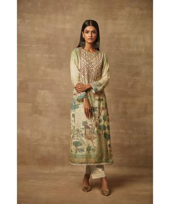 Rivaage Pista Green Cotton Silk Unstitched Printed Suit 3