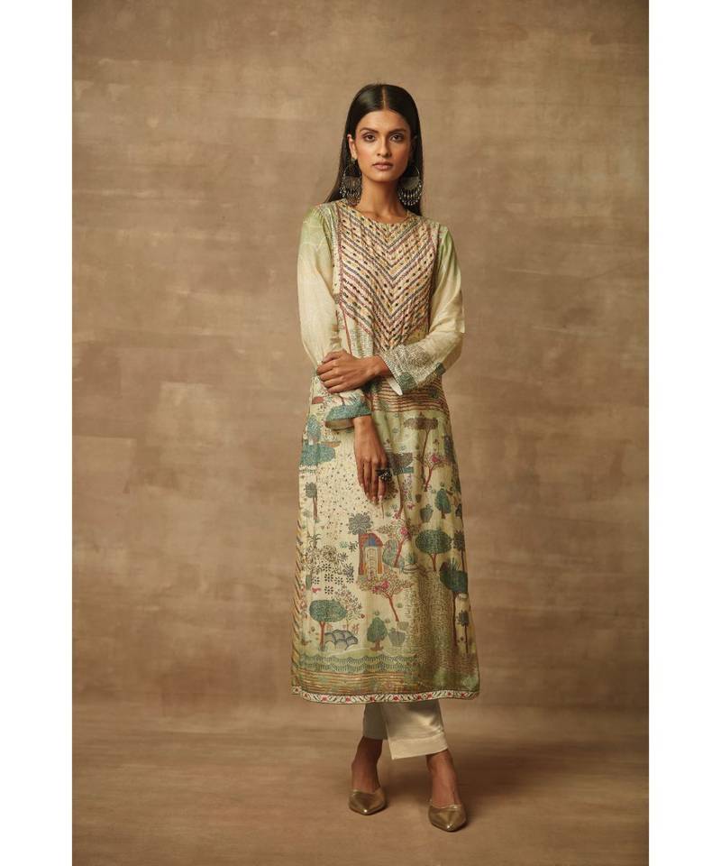 Rivaage Pista Green Cotton Silk Unstitched Printed Suit