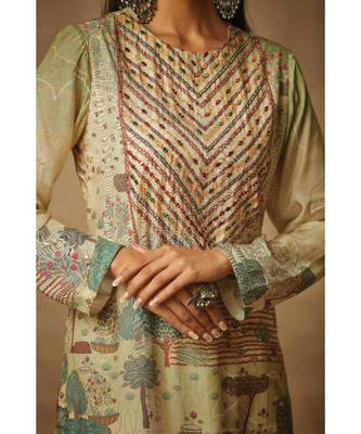 Rivaage Pista Green Cotton Silk Unstitched Printed Suit 4