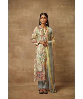 Rivaage shaded grey yellow Pure Raw Silk Unstitched Printed Suit 1