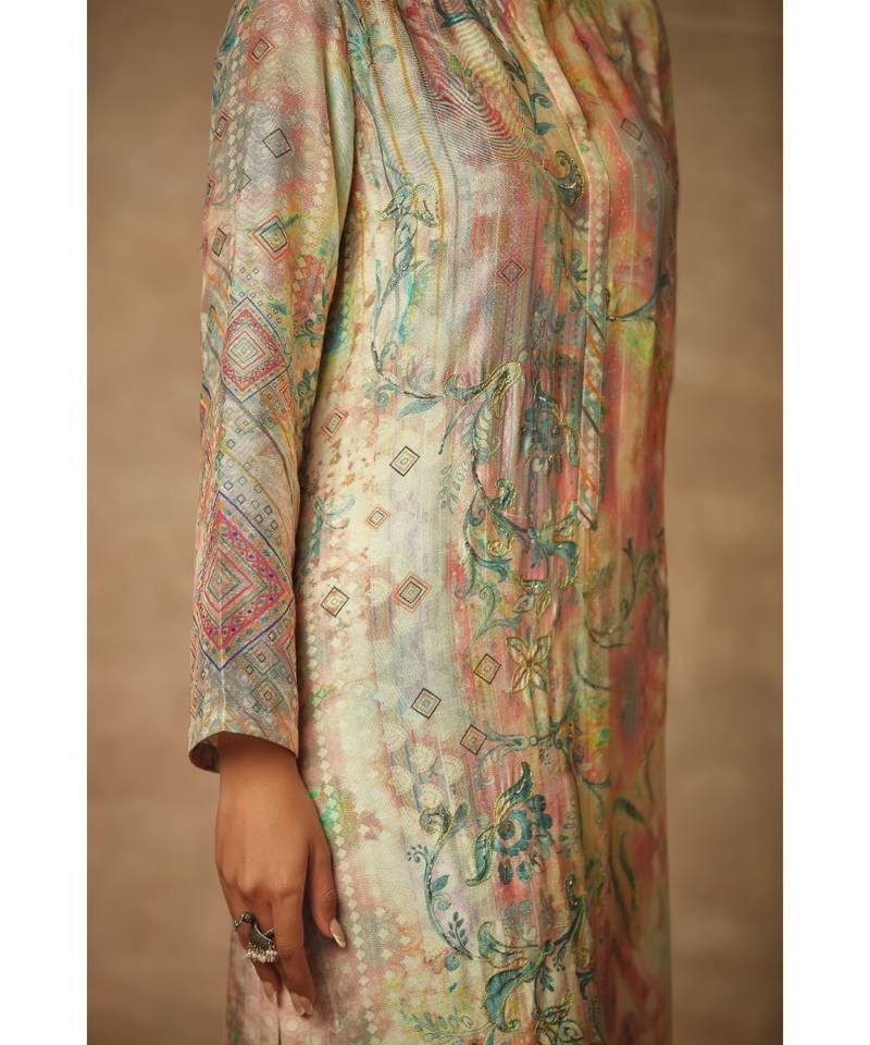 Rivaage shaded grey yellow Pure Raw Silk Unstitched Printed Suit