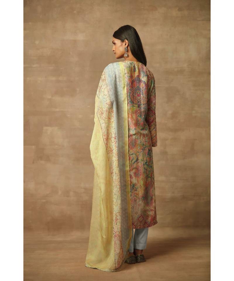 Rivaage shaded grey yellow Pure Raw Silk Unstitched Printed Suit