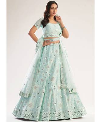 Sea Green Mirror Embroidered Soft Net Wedding Lehenga Choli 1
