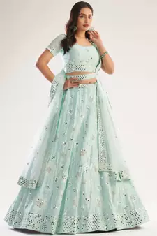 Sea Green Mirror Embroidered Soft Net Wedding Lehenga Choli