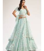 Sea Green Mirror Embroidered Soft Net Wedding Lehenga Choli