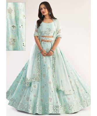 Sea Green Mirror Embroidered Soft Net Wedding Lehenga Choli 2
