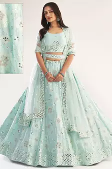 Sea Green Mirror Embroidered Soft Net Wedding Lehenga Choli