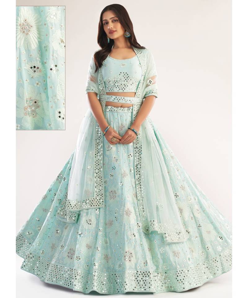 Sea Green Mirror Embroidered Soft Net Wedding Lehenga Choli