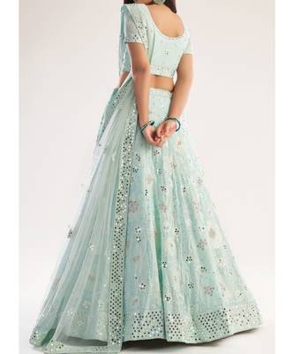 Sea Green Mirror Embroidered Soft Net Wedding Lehenga Choli 3