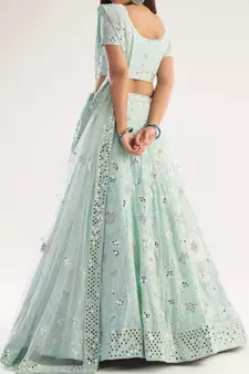 Sea Green Mirror Embroidered Soft Net Wedding Lehenga Choli
