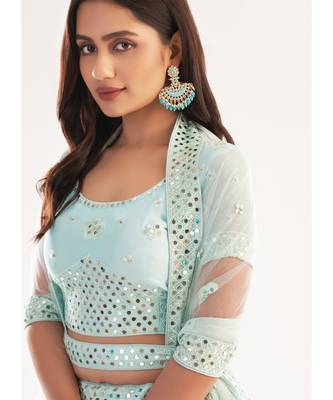 Sea Green Mirror Embroidered Soft Net Wedding Lehenga Choli 4