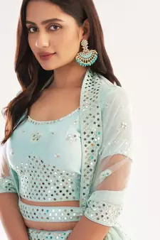 Sea Green Mirror Embroidered Soft Net Wedding Lehenga Choli