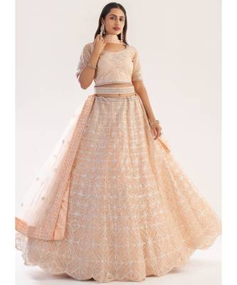 Peach Embroidered Soft Net Wedding Lehenga Choli 1