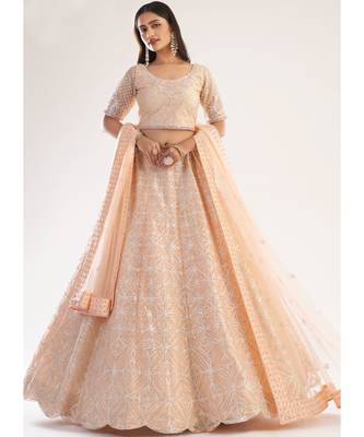 Peach Embroidered Soft Net Wedding Lehenga Choli 2